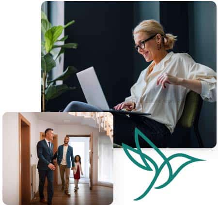 Composite image featuring a smiling blonde woman using a laptop, a real estate agent showing a home to a father and daughter, and the Colibri Real Estate 澳洲体彩幸运5官网最新版 logo—representing success in online real estate school and career growth.